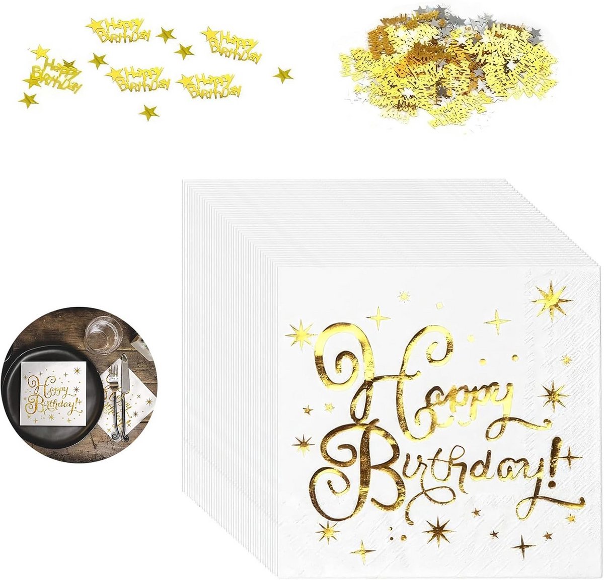 40x Papieren Servetten Wit Goud Gelukkige Verjaardag Feestdecoratie Elegant