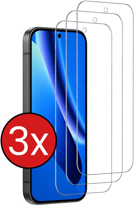 Drie screenprotectors voor smartphone, getoond met een rode cirkel met '3x'.