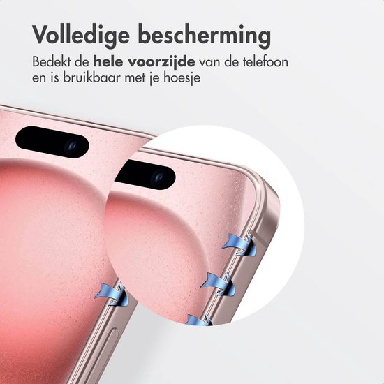 Illustratie van de volledige dekking van de screenprotector op de voorkant van een smartphone, compatibel met hoesjes.