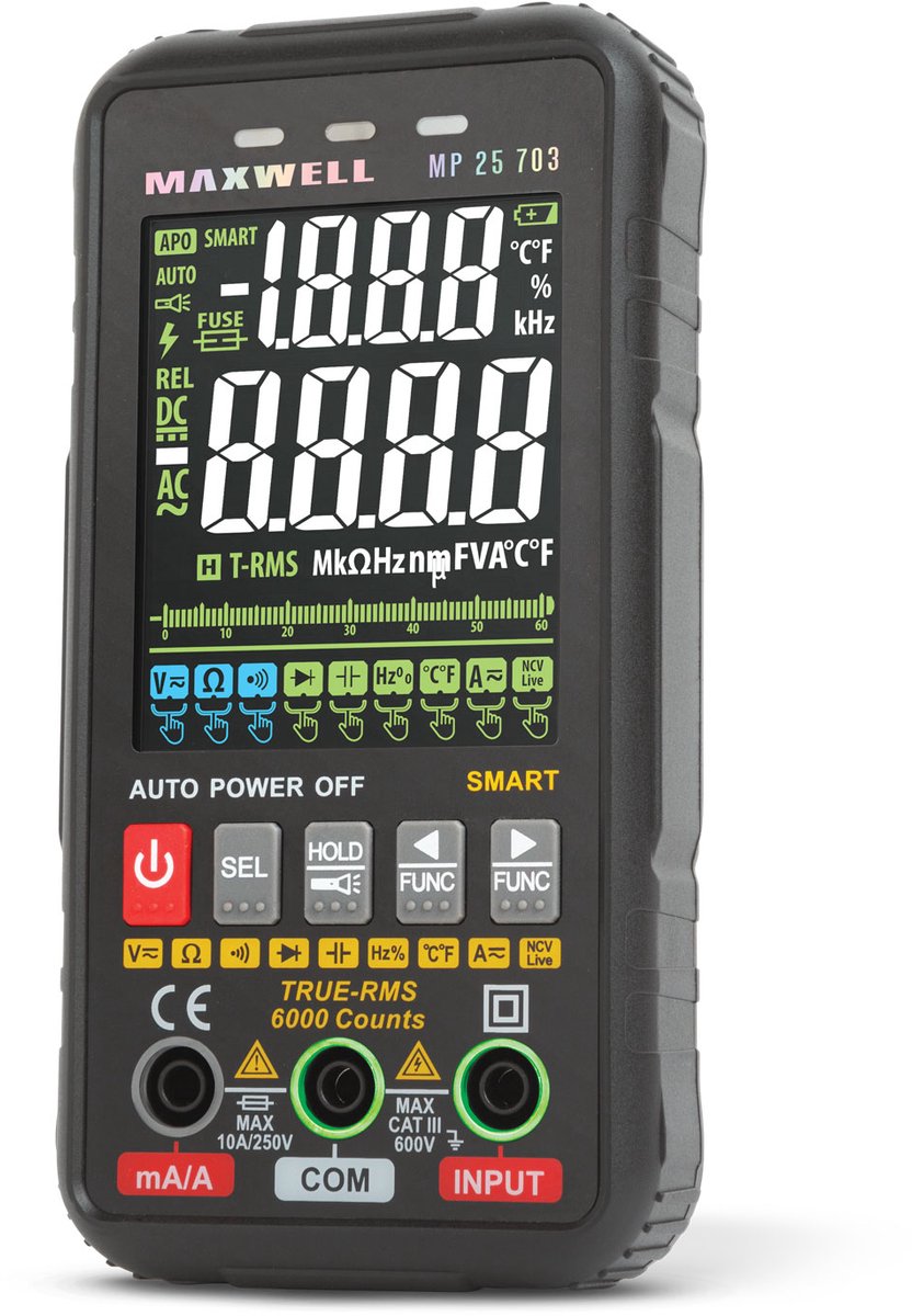 Automatische Digitale Multimeter - 3" Kleurendisplay - NCV Spanningsdetectie - 9999 Count - Inclusief Meetpennen & Koffer - 4×AAA [25703]
