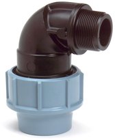 Raccord à pince coudé 90° PE, filetage mâle 25 mm x 3/4''.