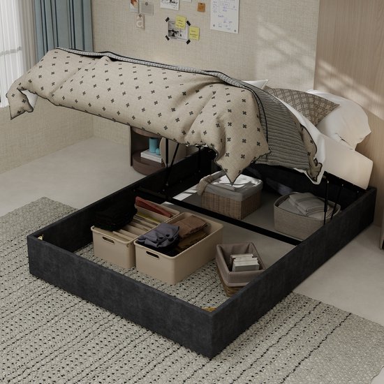 REDOM Bedframe – 140x200 cm – Met stoffen bekleding – Metalen frame – Grijs