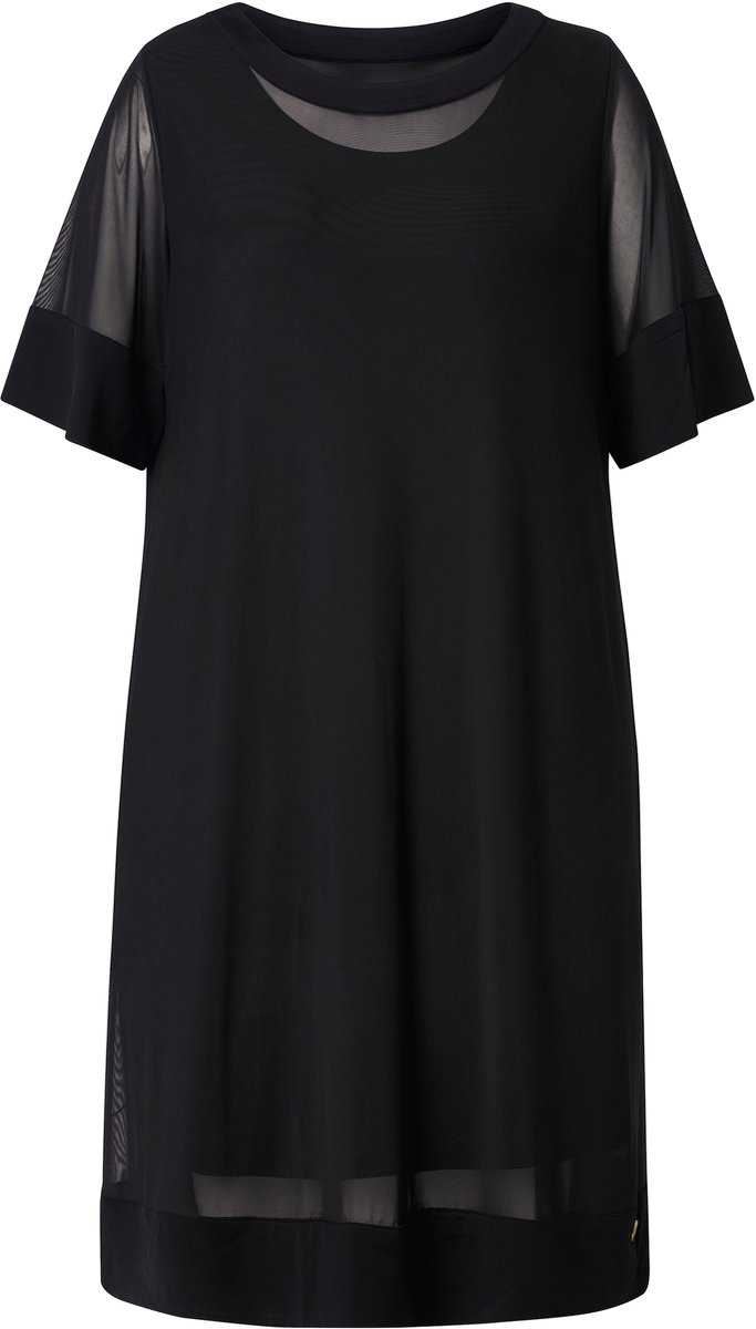 Ulla Popken Dames - Slinky jurk mesh-overjurk ronde hals 3/4-mouwen - Zwart - Maat 58+