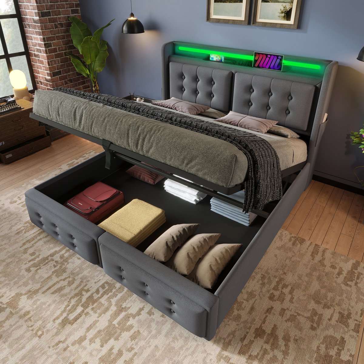 MODFU Bedframe 160x200 cm, gestoffeerd katoen-linnen, met opbergruimte, LED en USB-C, grijs