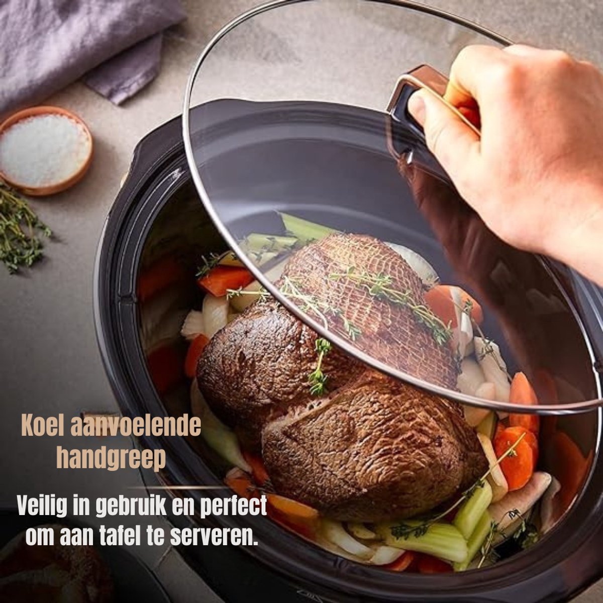 Aura® Slowcooker met Timer 6L - Zwart/Roségoud - afbeelding 3