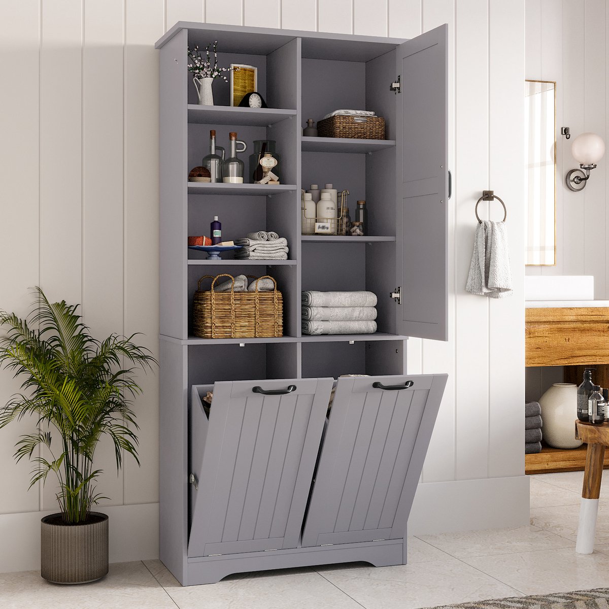 Badkamerkast - 78x35x172 cm - Hoge Kast met Wasmand - Meerdere Opbergvakken - Hout - Grijs