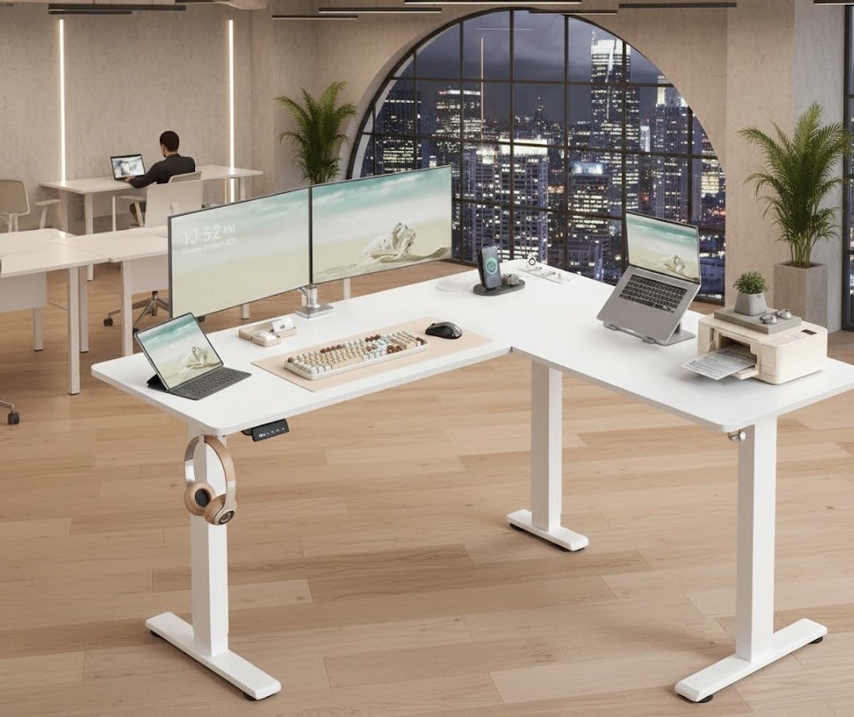 Elektrisch Hoogte Verstelbaar L-Vorm Hoekbureau – Moderne Bureauoplossing met Geheugenfunctie, Ingebouwd Laadstation, 140 x 160 cm – Wolkenwit en Mat Wit – Ideaal voor Thuiswerk en Studie A-Furniture