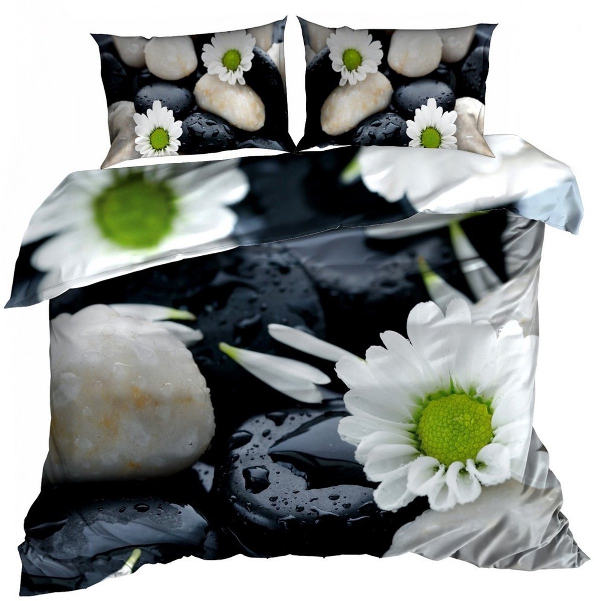 Comfort Premium - 3D Dekbedovertrek - 140x200 cm - Katoen Satijn - Witte Bloemen & Natte Stenen Design