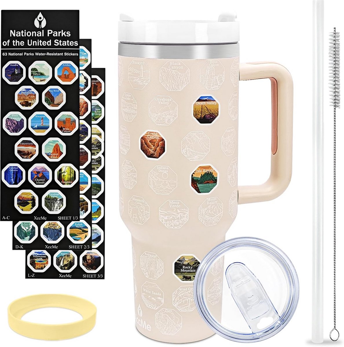 Grote 40 oz Beker met Handvat, 2 Deksel Opties en 63 Nationale Parken Stickers | Geïsoleerde RVS Drinkfles