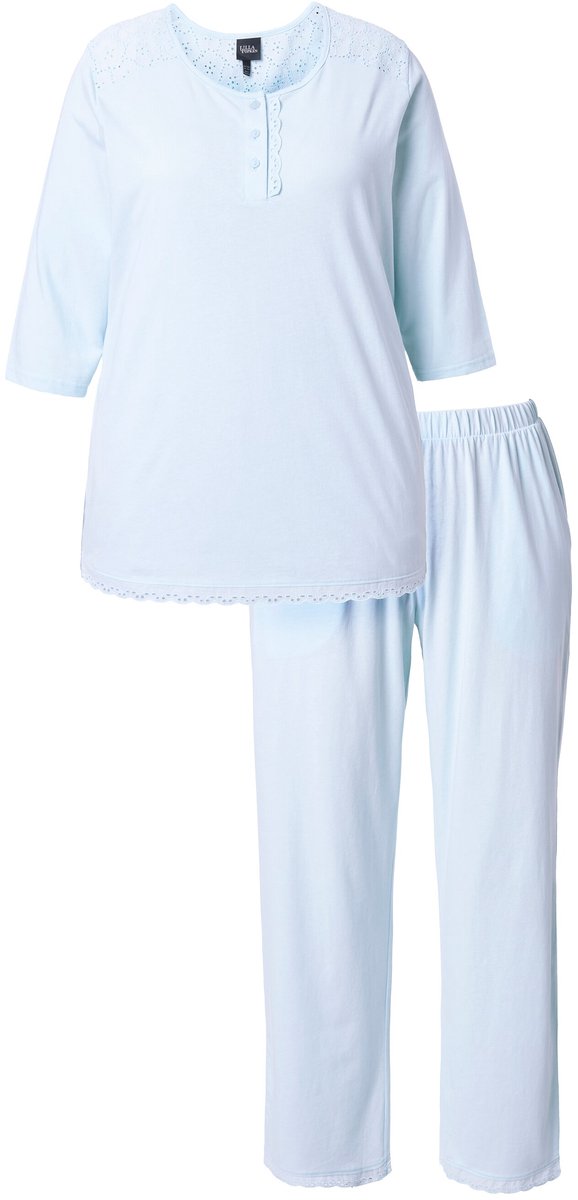 Ulla Popken Dames - pyjama ogenborduursel ronde hals siernaden 3/4-mouwen - Ijszeeblauw - Maat 58+