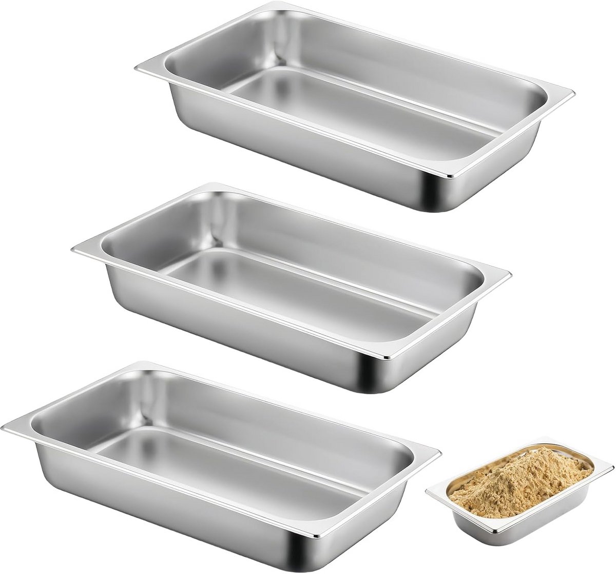 Set van 3 Rechthoekige RVS Ovenschalen en Serveerbakken (32,5x17,5x6,5 cm)