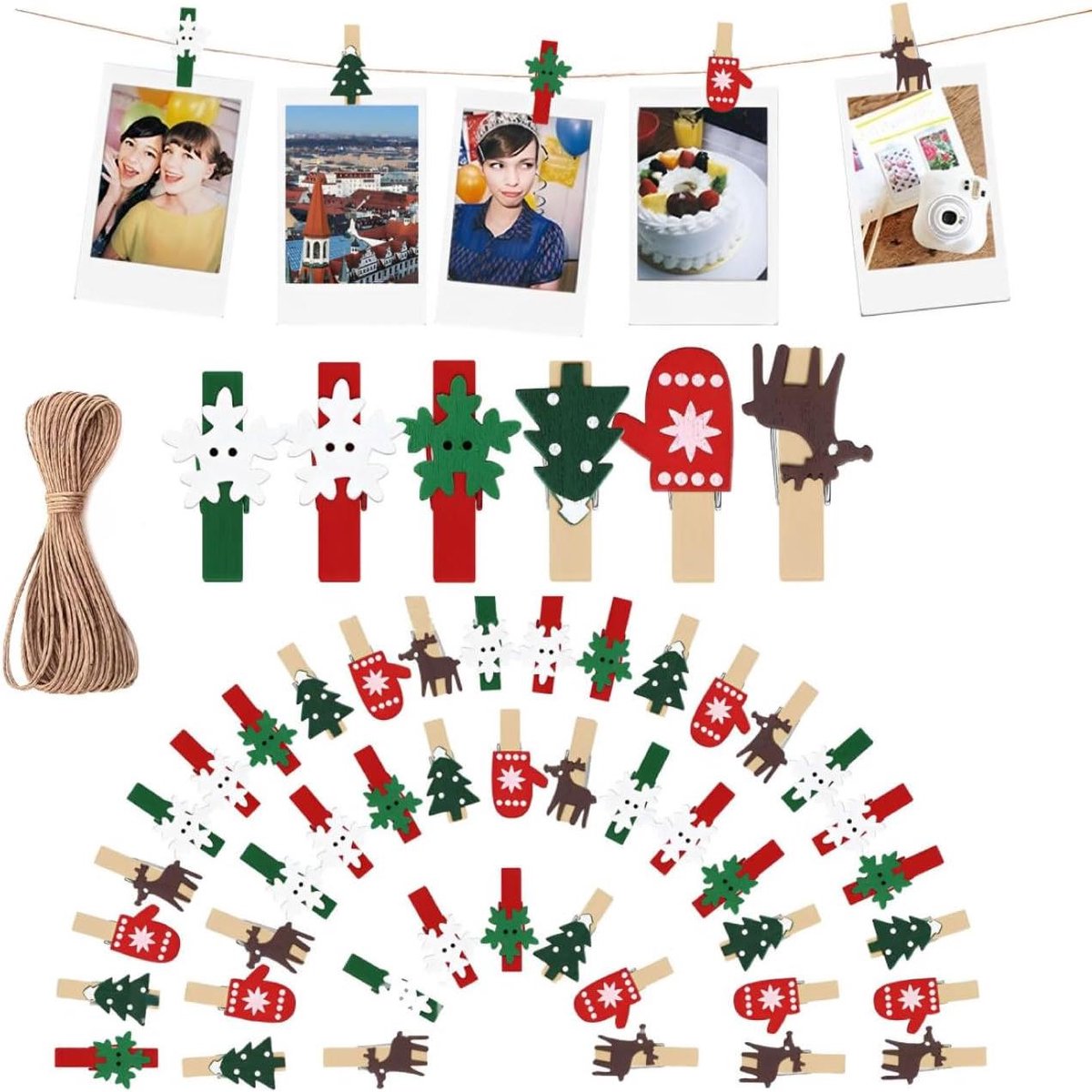 Kerstclips van hout 50 stuks, mini handwerk knijpers, kerstdecoratie met hennepkoord 10m