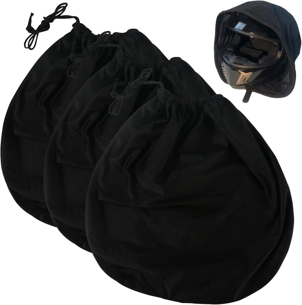 Set van 3 Grote Pluche Helmtassen met Trekkoord - Zwart - Voor Motorhelm, Fiets- en Skihelm