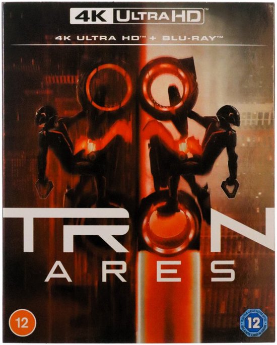 Tron: Ares 4K Ultra HD + Blu-Ray hoes, met twee figuren in futuristische pakken en de titel Tron: Ares.
