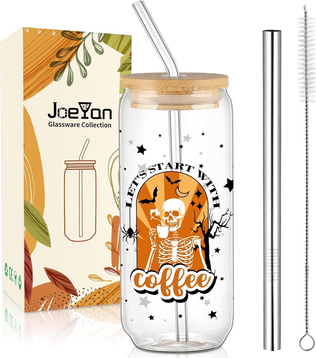 Glazen Drinkbeker met Deksel en Rietje 600ml met Doodshoofd en Sterren