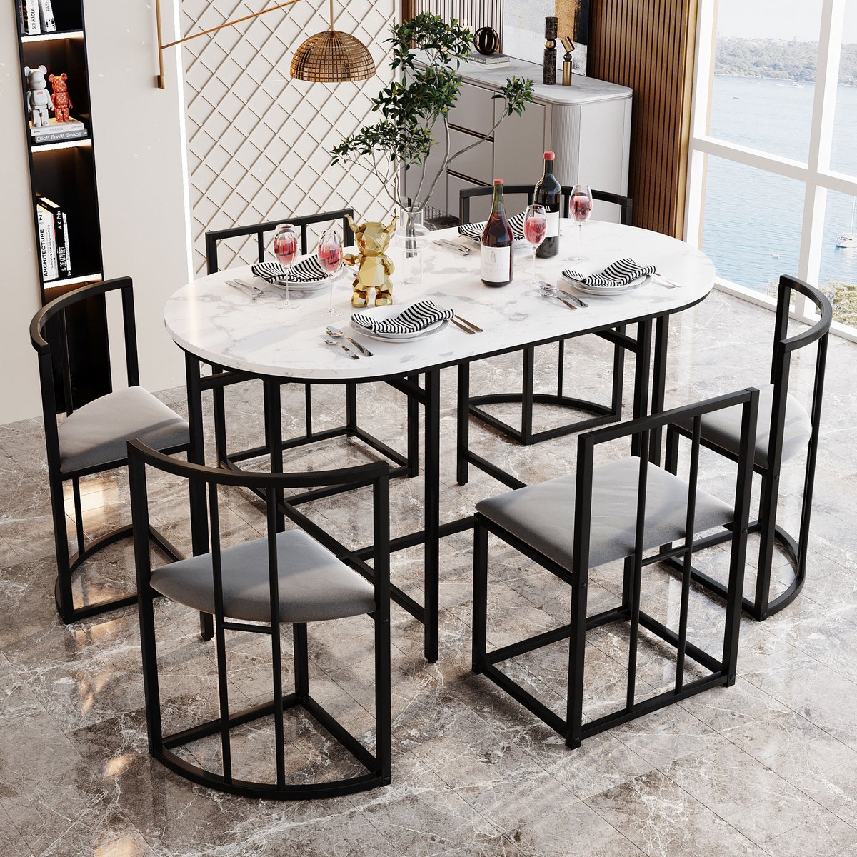 STILVORA Eettafelset Met 6 Stoelen – Witte Tafel Met Zwarte IJzeren Poten – Stoelen Met Grijze Velours Zitting – MDF
