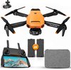Compleet pakket met oranje drone, controller, 2 extra accu's en opbergtas. De drone is uitklapbaar.