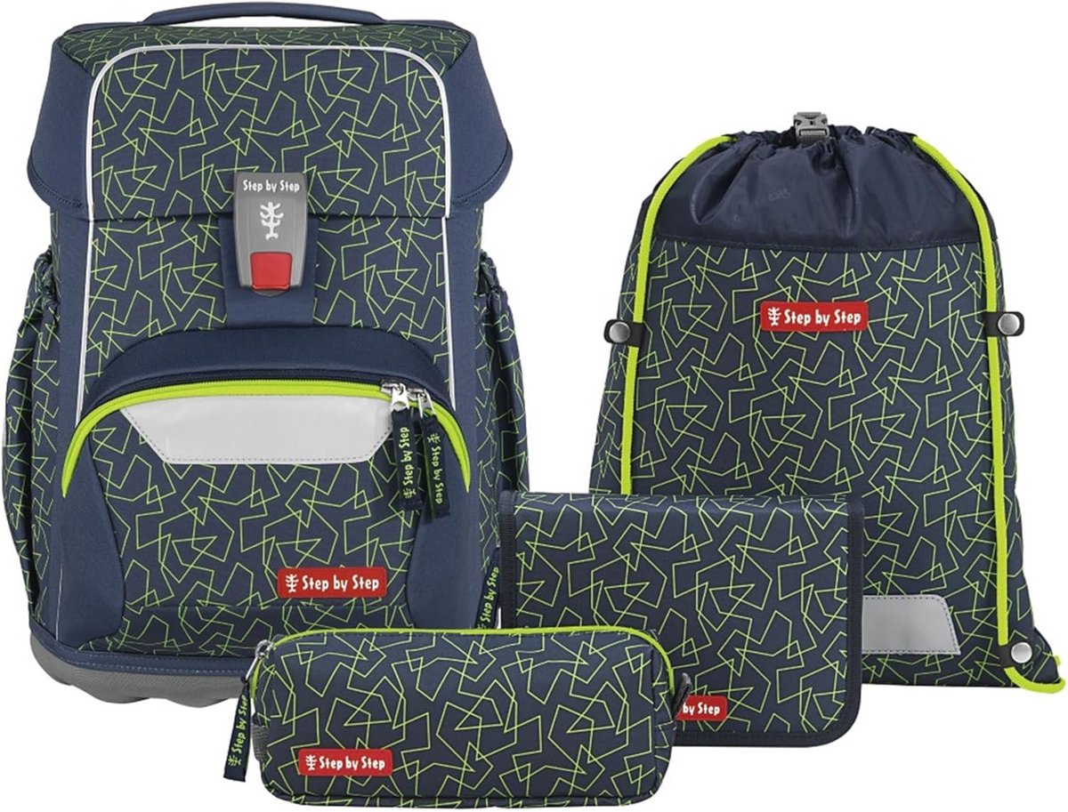 Complete 4-delige Set Basis Schooltas Jongens - Groen Geometrisch Design