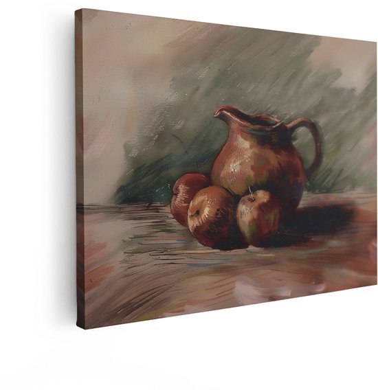 Schilderij van een bruine kan met drie appels, in close-up.