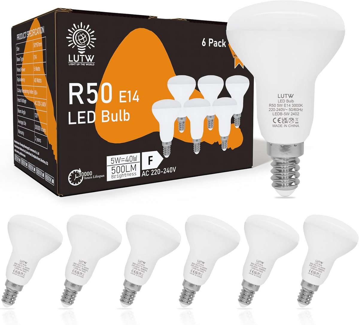6x LED E14 Kaarslamp R50 5W Koud Wit 6500K Vervangt 40W Gloeilamp 500LM