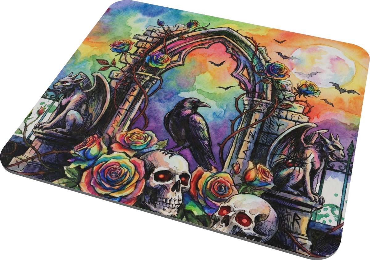 Aquarel Series Muismat - Mystieke Gothic Raaf met Schedel, Gargoyles en Regenboog Rozen - Kleurrijke Fantasy Kunst voor op het Bureau - Uniek Cadeau voor haar: Vriendin & Collega - Magische Werkplek Accessoire en Gothic Decoratie voor Thuiswerken