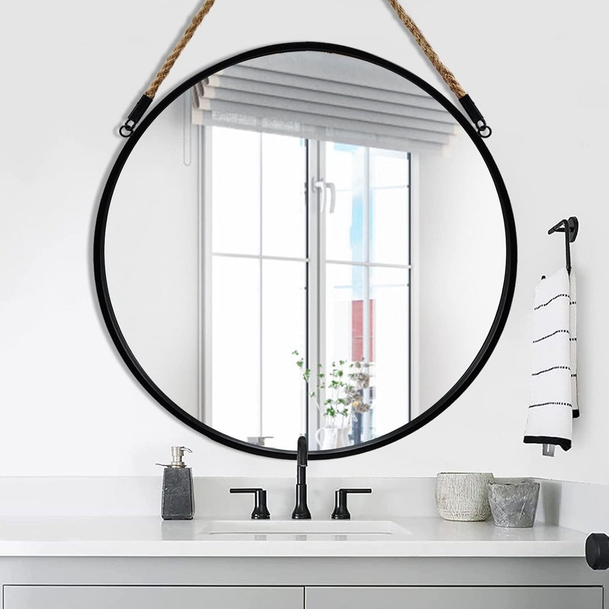 Grote Ronde Hangspiegel met Touw voor Wandmontage - Ø 76 cm Zwart Frame