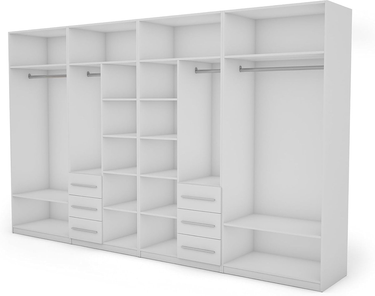 Kledingkast met Spiegel 360x220 cm – Ruime Moderne Slaapkamerkast met Planken, Laden en Kledingstang – Praktische Garderobekast voor Kleedkamer en Slaapkamer – Wit – Abkantoor