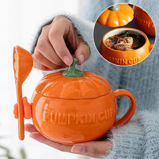 Halloweenmok 300 ml pompoenbeker voor verjaardag en feest - keramisch - herfst - lepel incl. — afbeelding 5