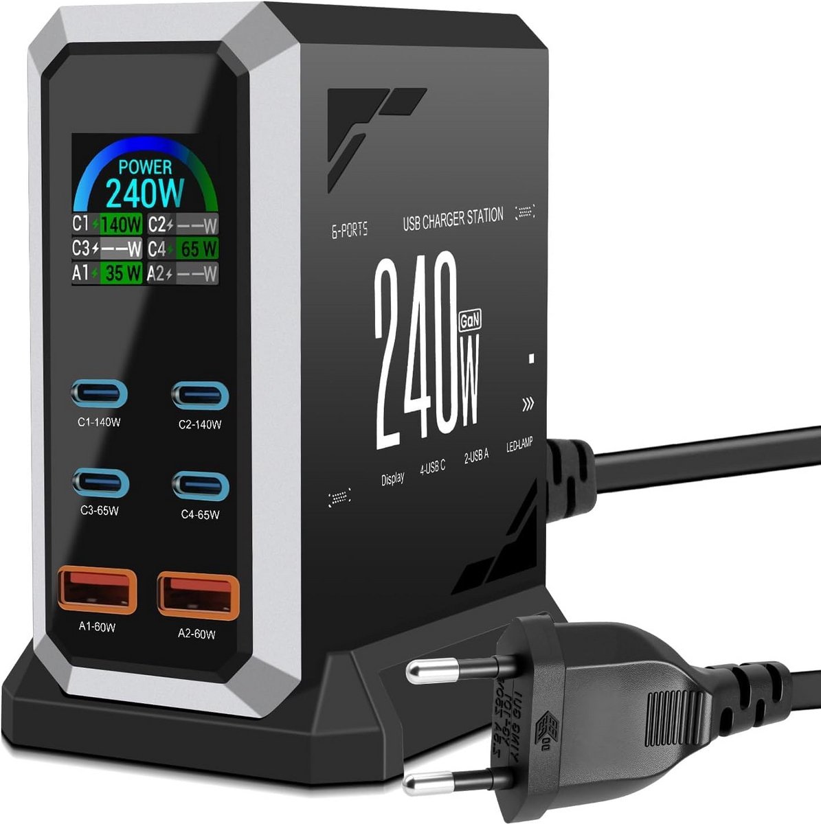 Krachtige 240W USB C GaN Snellader met 6 Poorten (4x USB-C, 2x USB-A)