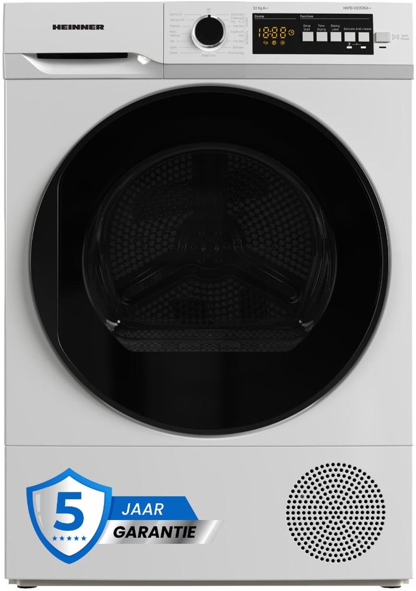 Heinner HHPD-V10T2KA++ Warmtepompdroger 10 kg – 15 Droogprogramma’s – Digitaal Display – Anti-kreukfunctie – Omkeerbare Deur – Kinderslot – Wit – 5 Jaar Garantie