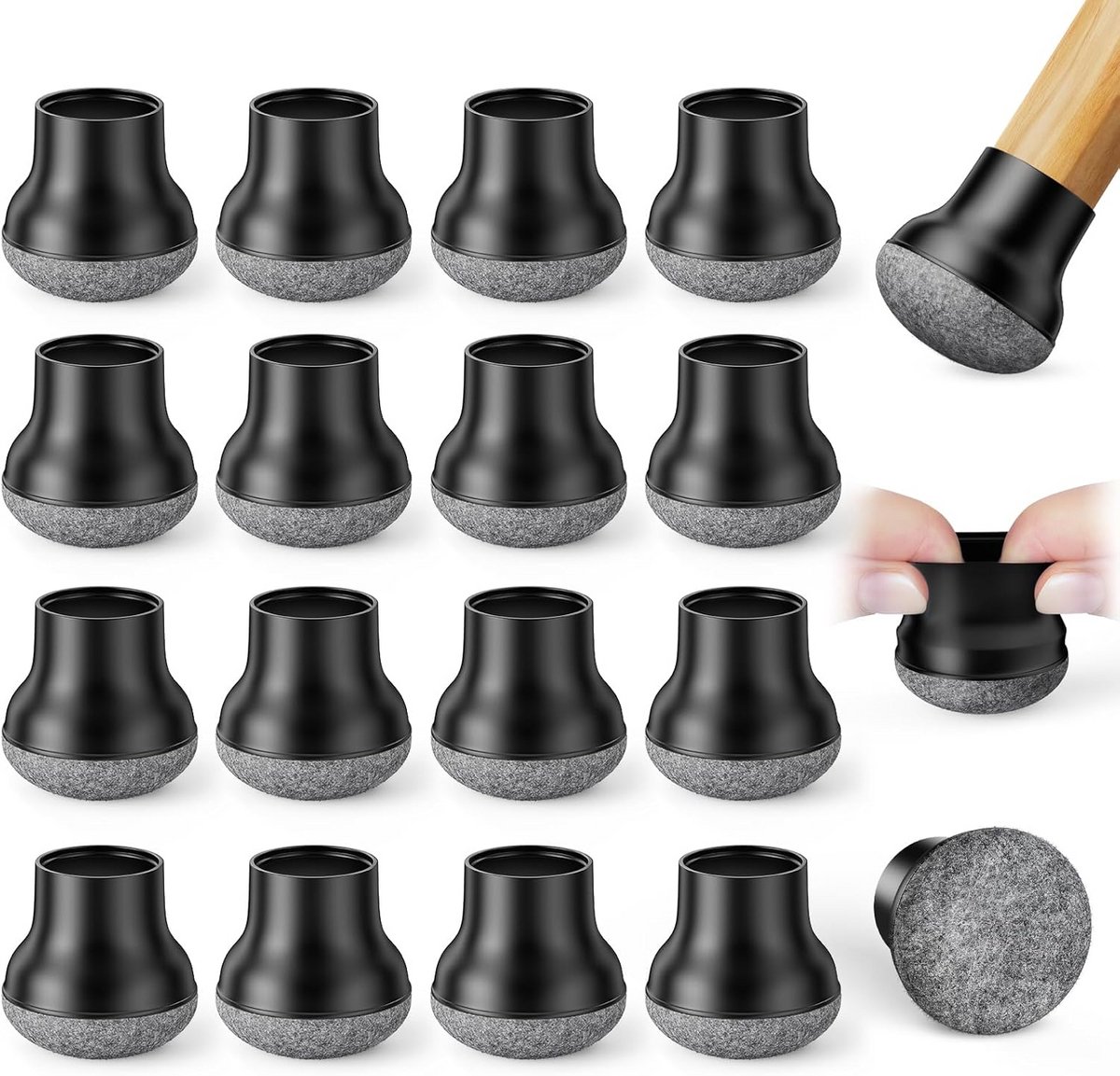 32x Ronde Zwarte Stoelpootdoppen met Vilt - Geschikt voor 14-18mm Poten - Beschermt Vloeren & Vermindert Geluid