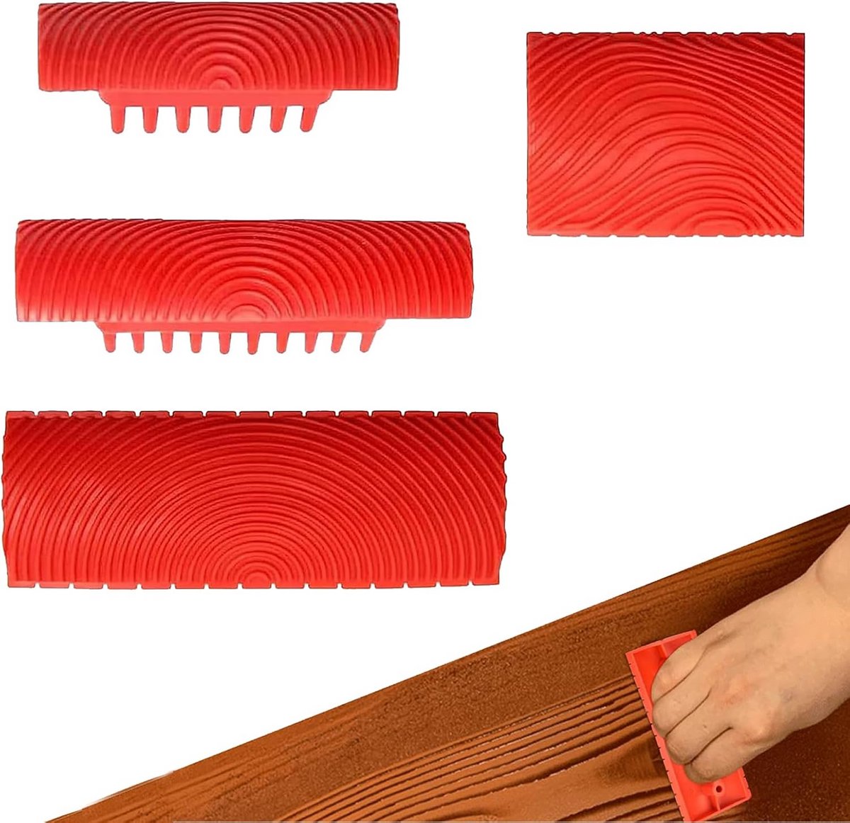 Rubberen houtnerf gereedschap set - 4 stuks - voor schilderen meubel- en wanddecoratie