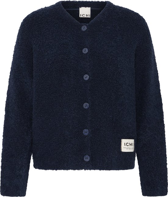 Donkerblauw vest met knopen en ICHI-label op de zoom.