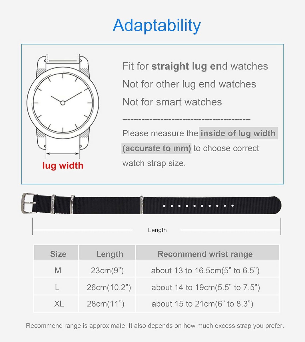 Dunne Nylon Horlogeband met Matzwarte Gesp - Universele Pasvorm (17-24 mm)