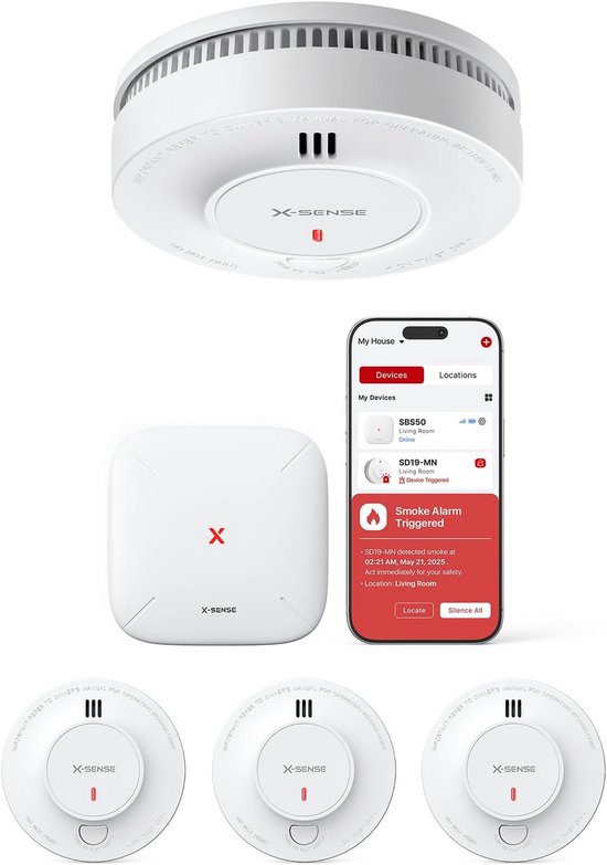 Wit X-Sense rookmelders en basisstation met app notificatie.