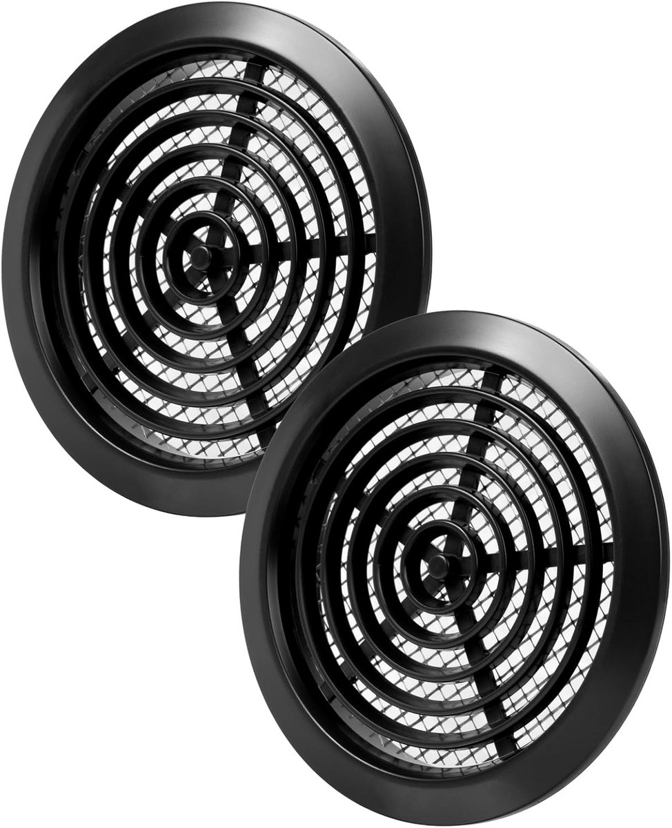 Set van 2 Ronde Ventilatie Roosters 80 mm Zwart met Insectengaas