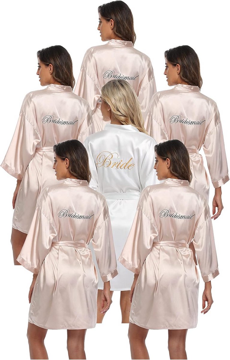 6-delige Satijnen Badjas Set voor Bruid en Bruidsmeisjes - Kimono's voor Trouwdag & Vrijgezellenfeest