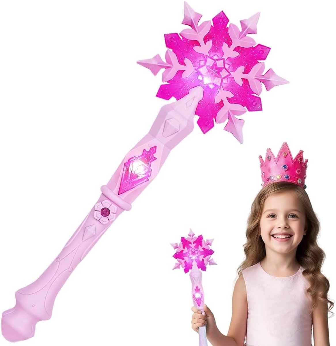 Lichtgevende Sneeuwvlok Toverstaf met Geluid – LED Feeënstok voor Kinderen – Roze/Blauw