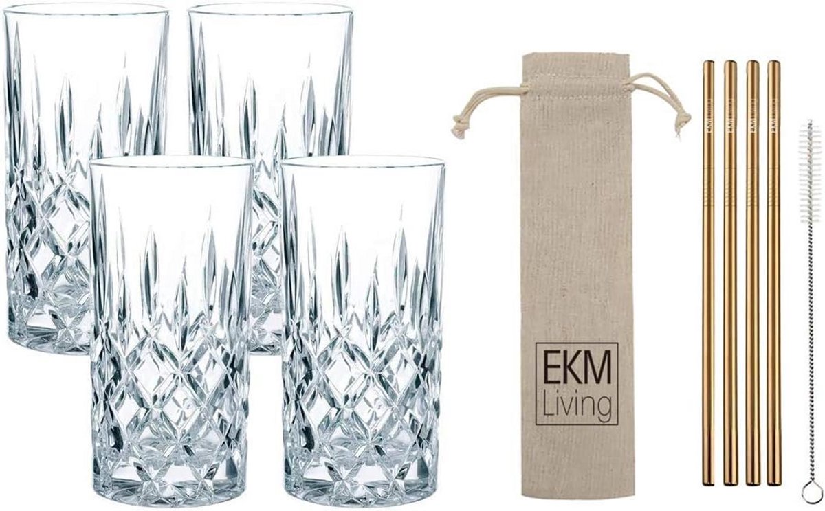 4-delige Longdrinkglazen Set Kristalglas 375 ml met Koperen Rietjes (Set van 8)