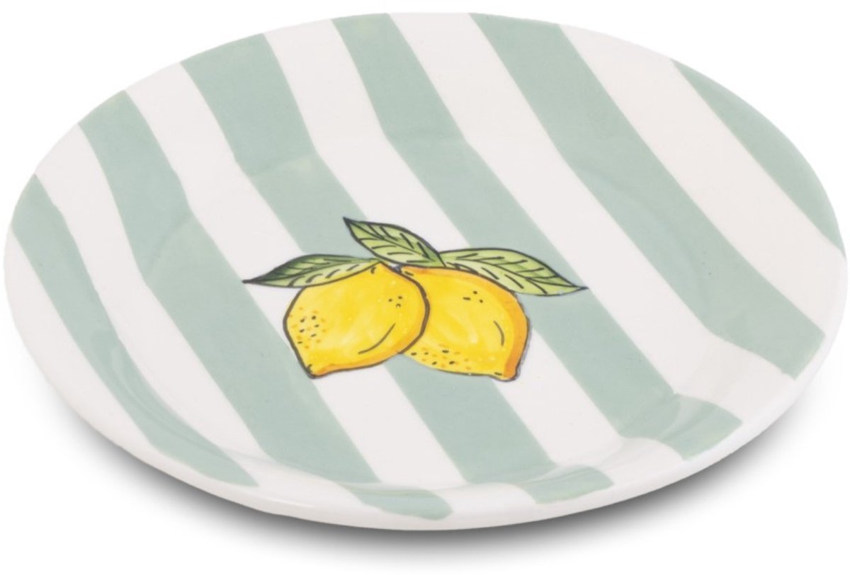 Ontbijtbord Fruity Citron – Gestreept - Groen/Wit – Aardewerk – ø 20cm - Dishes & Deco