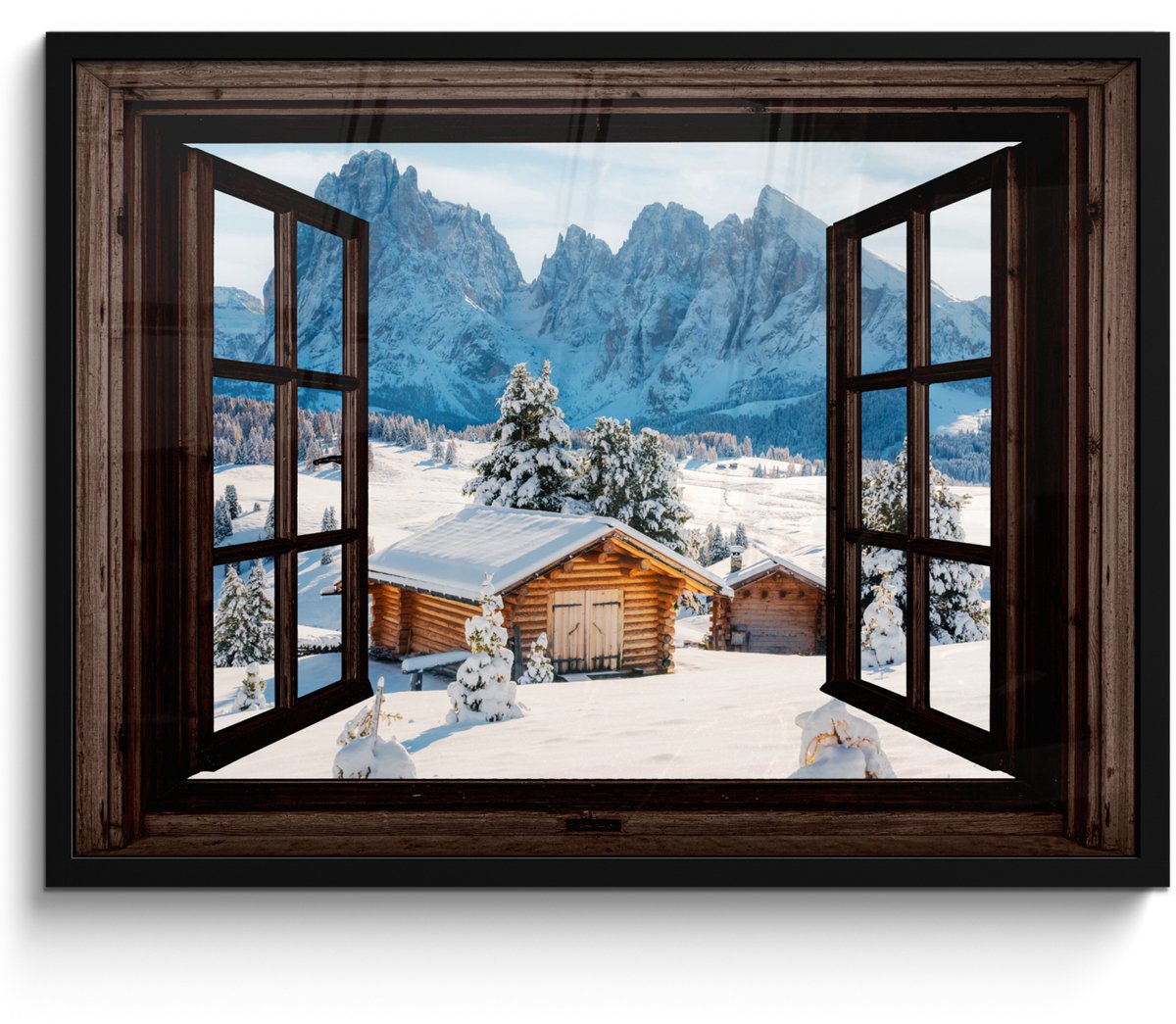 FrameYourWall Poster in lijst - Fotolijst 70x50 cm - Posters - Doorkijk - Winter - Landschap - Huisje - Bergen - Posterlijst zwart - Decoratie - Wanddecoratie woonkamer - Muurdecoratie slaapkamer