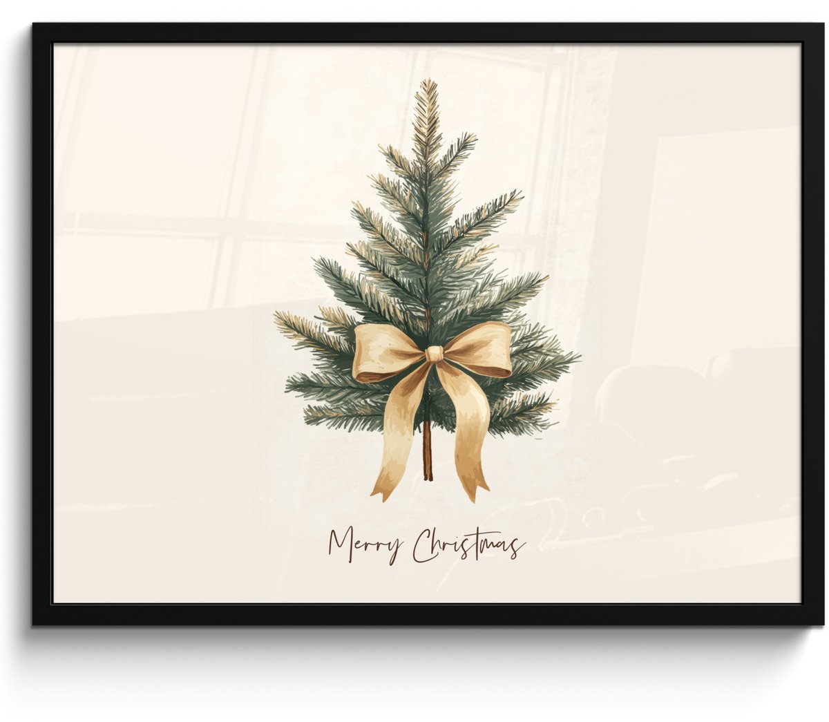 FrameYourWall Poster in lijst - Fotolijst 70x50 cm - Posters - Kerstboom - Kerst - Merry Christmas - Beige - Posterlijst zwart - Decoratie - Wanddecoratie woonkamer - Kerstdecoratie voor binnen - Kerstversiering - Kerstmis versiering in huis - Kerstaccessoires