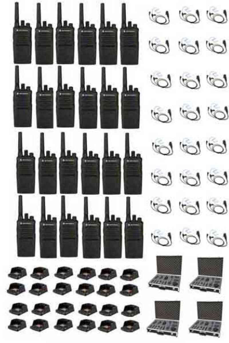Set van 24 Motorola XT420 UHF IP55 PMR446 Portofoon met laders beveiliging oortje en koffer
