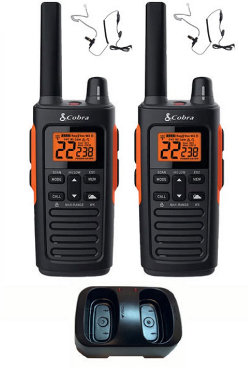 Set van 2 Cobra RX680 PMR446 portofoons IP54 met tafellader en beveiliging oortje