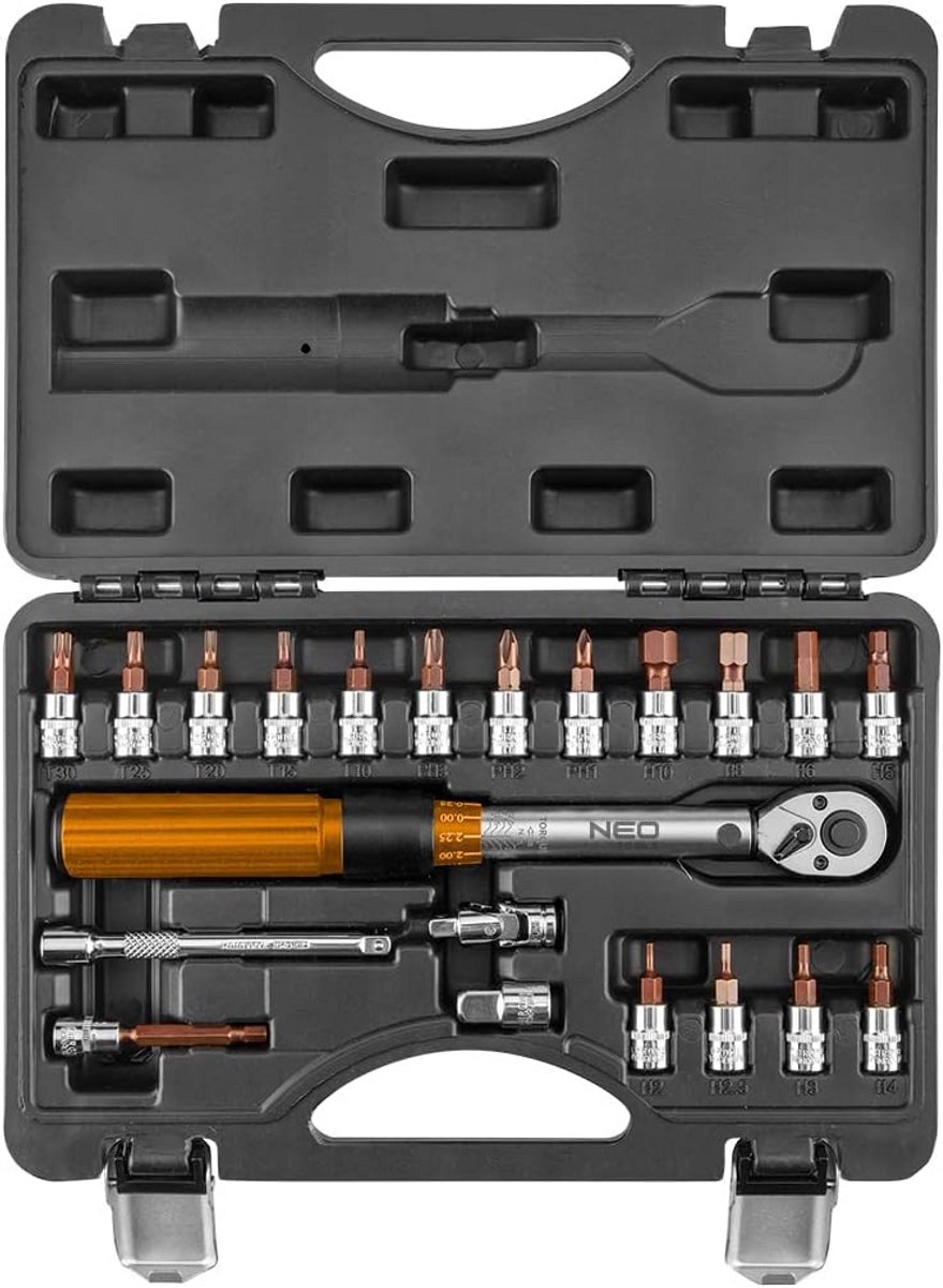 NEO TOOLS Twee-richtingsmomentsleutel, set 21 stuks, momentsleutel 1/4", bits op moer 1/4", bit op moer 1/4" H5x100mm verlenging 1/4" x100mm, adapter 1/4" x3/8", 1/4" universeel scharnier