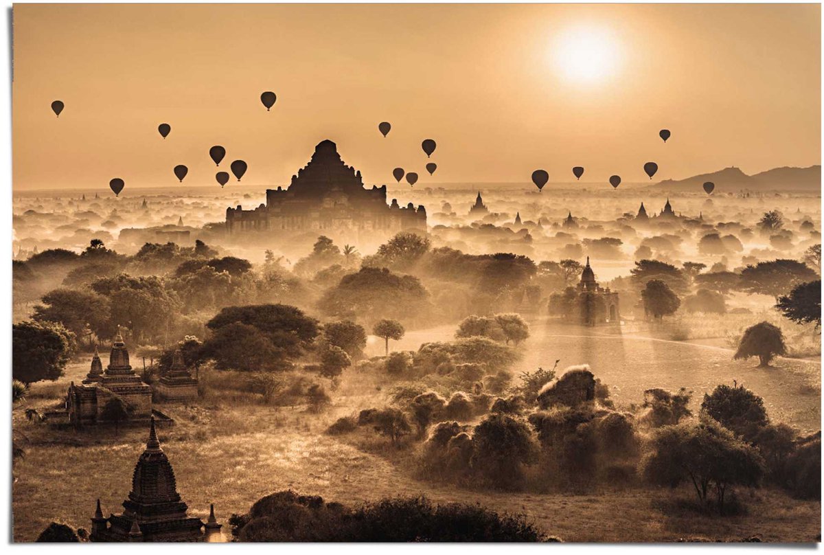 REINDERS Poster Zonsopgang bij tempels - 61 x 91,5 - Papier - REINDERS bruin