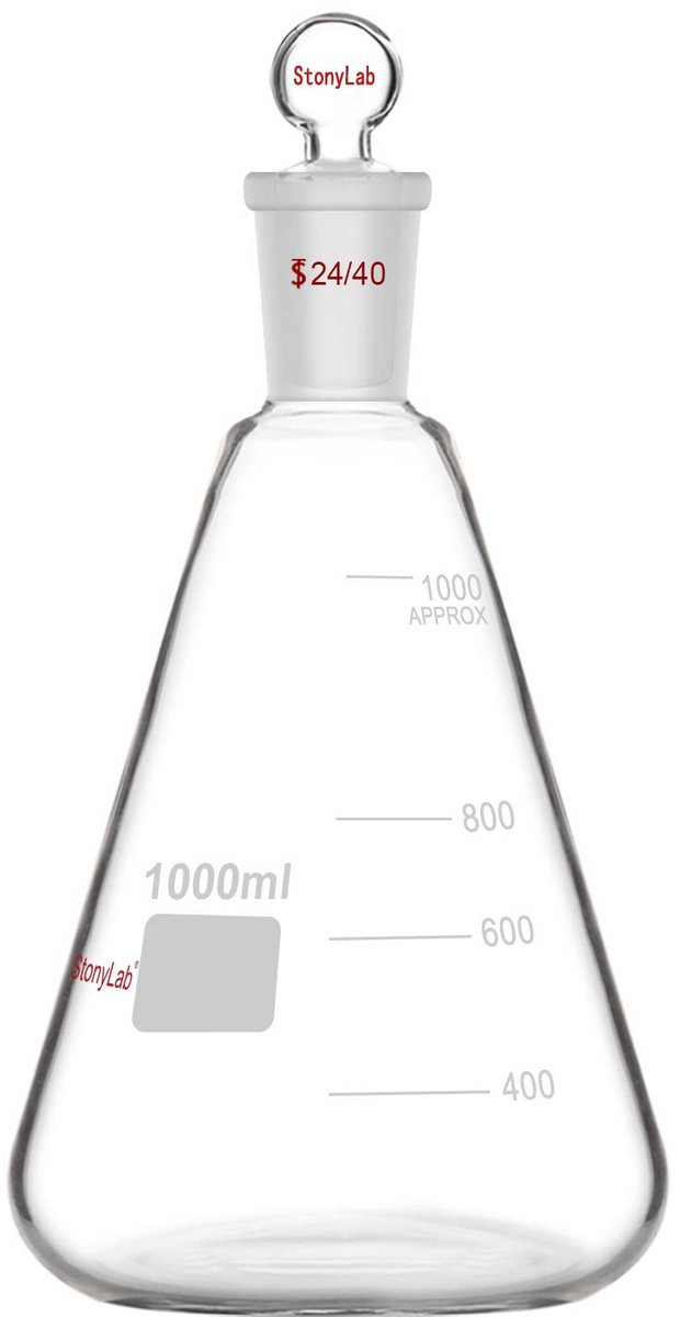 Erlenmeyer Kolf met Stop van 1000 ml Borosilicaatglas met 24/40 Glasdikte