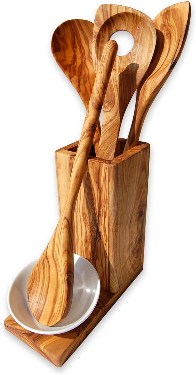 Houten Kookgerei Set met 3 Spatels en Keramische Houders