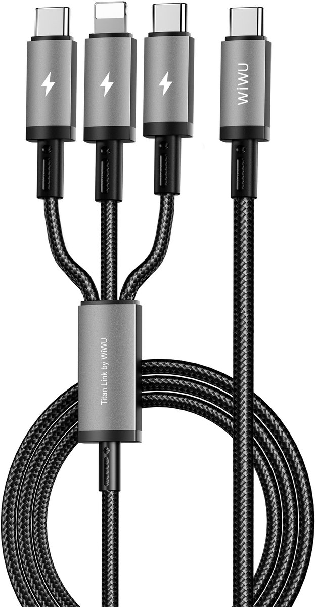WiWU 3-in-1 USB-C kabel 60W – Snellaadkabel & datakabel – Usb-C naar dubbel USB-C en Lightning – Grijs