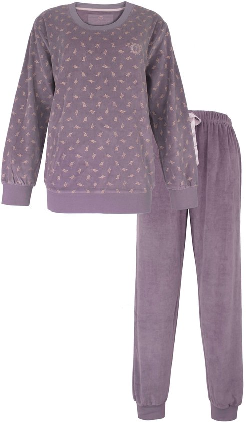 Paarse pyjamaset met lange mouwen en een all-over print van kleine, beige blaadjes.